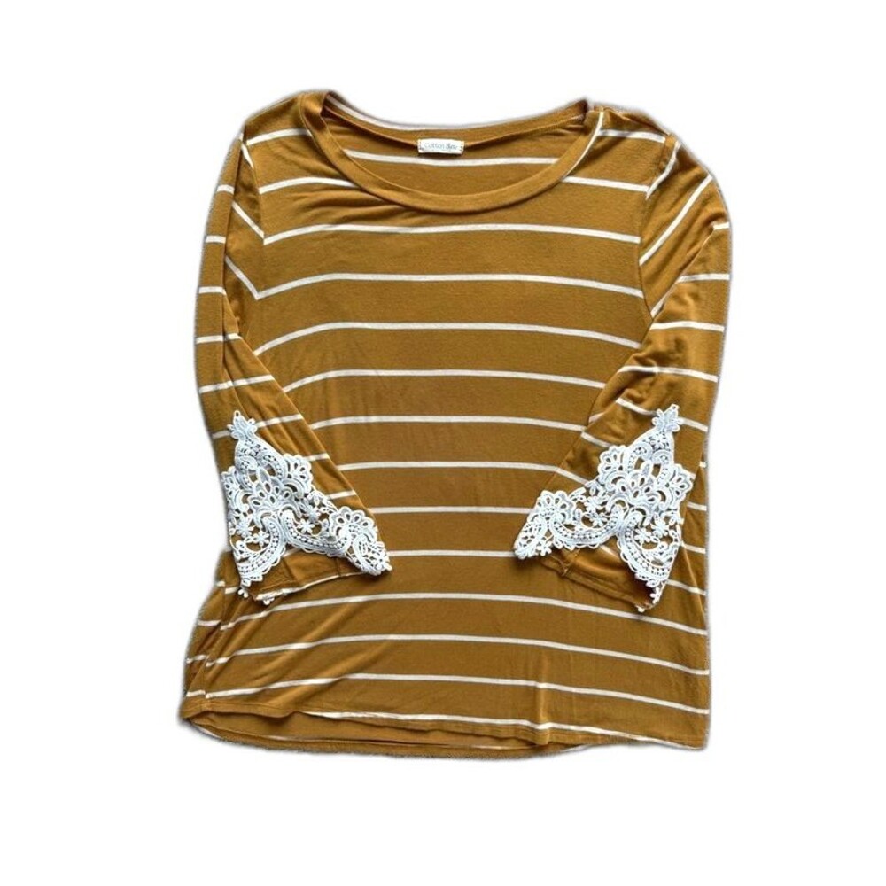 Cotton Bleu Mustard Yellow Boho Striped Bell Sleeve Lace Cuff Top Size L